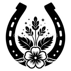 a black and white drawing of a horseshoe with flowers