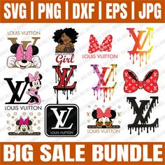 the svg bundle includes minnie mouse, louis vuitton and other disney characters