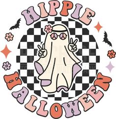 a white ghost with pink flowers on it's head and the words hippie blow up