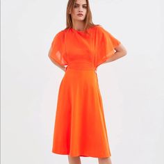 Round Neck Dress With Full Cut Short Sleeves. Back Neckline Detail With Ties. Model Height: 5’ 10” (177 Cm Box #91 Orange A-line Midi Dress For Evening, Elegant Orange Midi Dress By Zara, Orange Midi Dress For Summer Workwear, Summer Orange Midi Dress For Workwear, Summer Workwear Orange Midi Dress, Zara Short Sleeve Midi Cocktail Dress, Blue Stripped Dress, Dresses Open Back, Leather Shirt Dress