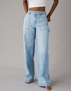 AE Dreamy Drape Stretch Super High-Waisted Baggy Wide-Leg Jean White Jeans Men, Look Jean, Athletic Fit Jeans, Jean Large, Jean Trends, Curvy Jeans, Women Denim Jeans, American Eagle Jeans, Light Wash Jeans