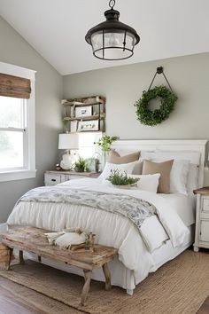 Elevate your bedroom with elegant and simple farmhouse decor. Incorporate natural elements, vintage pieces, and soft textiles to achieve a timeless look. Perfect for those who love a blend of sophistication and rustic charm. #ElegantFarmhouse #BedroomDecor #SimpleDesign #VintageStyle #HomeInspiration Simple Farmhouse Bedroom, Diy Farmhouse Bedroom, Farmhouse Guest Bedroom, Rustic Farmhouse Bedroom, Small Guest Bedroom, Farmhouse Bedroom Ideas, Farmhouse Bedroom Decor Ideas, Farmhouse Style Bedrooms, Modern Farmhouse Bedroom