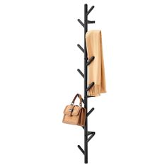 a coat rack with two purses hanging on it