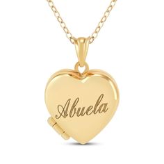 Your Abuela will love and forever treasure this darling heart locket. 10K yellow gold The heart locket features "Abuela" engraved in a beautiful script font Opens to reveal space for a pair of small photos or mementos 16- to 18-inch adjustable cable chain with spring ring clasp Keepsake Yellow Gold Name Jewelry, Personalized 14k Gold Locket For Memorial, Personalized Open Heart Locket Necklace For Anniversary, Engraved Yellow Gold Locket Necklace For Anniversary, Personalized Yellow Gold Locket Necklace For Mother's Day, Personalized Mother's Day Yellow Gold Locket Necklace, Personalized 14k Gold Locket Necklace For Anniversary, Yellow Gold Locket Necklace For Personalized Gift, Personalized Heart Shaped 14k Gold Locket Necklace