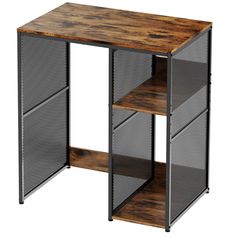 a wooden and metal desk with two shelves on each side, one shelf is open