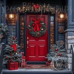 a red front door decorated for christmas with presents