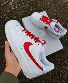 Red Swoosh Air Force 1 Nike Shoes Photo, Red Nike Shoes, Nike Sign, Tie Sneakers, Adidas Boots, Air Force Shoes, Diy Sneakers, Cute Nike Outfits, White Nike Shoes