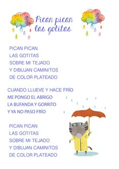 a cartoon cat holding an umbrella in the rain with spanish words above it and below it