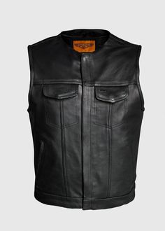 Men's Black Leather CLUB VEST with Concealed Pockets Super soft – Weather-Treated Premium Naked Heavy Duty Cowhide Leather No collar Front closure has hidden snaps and zipper Two upper outside pockets with hidden snaps - one has slot for glasses Two roomy snap pockets on the lower front sides Two concealed carry pockets with elastic positioning straps Large hook and loop fastened cell phone pocket on inner left side Soft, comfortable, durable, and attractive. This weather-treated beautiful Black Leather CLUB VEST® with Concealed Pockets has it all. The outside is black leather with no collar, and the inside is bright orange fabric. The front closure is snapped and zipped, both of which are hidden. The top outer pockets also have hidden snaps, and one has a slot for glasses. The two side po Motorcycle Club, Leather Gear, Biker Leather, Mens Black Leather, Orange Fabric, Leather Vest, Mens Vest, Bright Orange, Cowhide Leather