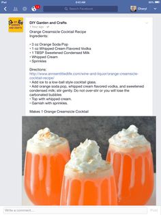 two orange drinks with whipped cream on top, and an image of the same drink