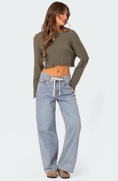 Thick ribbing adds to the coziness of this slouchy cropped sweater knit with dropped shoulders and distressed trim. Crewneck Long sleeves 100% cotton Machine wash, dry flat Imported Cabin Core, Oversized Cropped Sweater, Swimwear Dress, Crop Sweater, Girls Sweaters, Long Sweaters, Cropped Sweater, Favorite Jeans, Pacsun