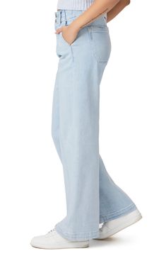 A powdery light wash furthers the vintage vibe of soft, stretchy wide-leg jeans featuring a pleated high waist and sleek seam details. 30 1/2" inseam; 22" leg opening; 11" front rise; 15" back rise (size 29) Zip fly with two-button closure Front slant pockets; back patch pockets 93% cotton, 5% polyester, 2% spandex Machine wash, line dry Imported Classic Full Length Flare Jeans For Spring, Spring Light Wash Wide-leg Flare Jeans, Classic Denim Wide Leg Pants For Spring, Chic Light Wash Mid-rise Wide Leg Pants, Classic Wide-leg Spring Jeans, Classic Wide-leg Jeans For Spring, Classic Spring Wide-leg Jeans, Spring Classic Wide-leg Jeans, Classic High-rise Spring Wide Leg Pants