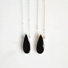 The sweetest and most unique piece for your jewelry collection. This necklace can be layered, or worn alone. GEMSTONE: Black Onyx SIZE: 1.4" long CHAIN: 18" long 14k gold filled/sterling silver CLOSURE: Lobster clasp Black Onyx Jewelry, Stone Statement Necklace, Onyx Jewelry, Teardrop Necklace, Gems Jewelry, Long Chain, Long Black, Gold And Silver, Gemstone Necklace