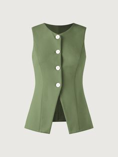 Fitted V-neck Vest With Button Closure, Elegant V-neck Vest With Buttons, Spring Workwear Tops With Side Buttons, Fitted Tops With Side Buttons For Spring, Chic V-neck Outerwear With Buttons, Fitted Tops With Side Buttons For Work, Casual V-neck Vest For Office, Fitted V-neck Outerwear With Button Closure, Sleeveless Tops With Snap Buttons For Work