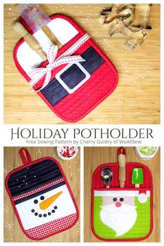 the holiday pot holder is made with an oven mitt and kitchen utensils