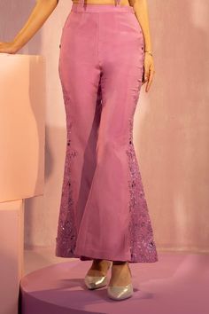 Light purple padded top with floral patchwork, cutdana embroidery on collar. Paired with embroidered pant. - Aza Fashions Elegant Festive Pants With Floral Embroidery, Elegant Floral Embroidered Pants For Festive Occasions, Elegant Floral Embroidered Festive Pants, Fitted Floral Embroidered Long Pants, Fitted Floral Embroidery Long Pants, Elegant Pants With Floral Embroidery For Weddings, Elegant Floral Embroidered Pants For Wedding, Elegant Embellished Pink Bottoms, Elegant Pink Embellished Bottoms