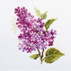 a cross stitch pattern with purple flowers and green leaves