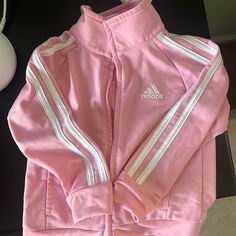 Never Worn. Pink Track Jacket Cute Korean Street Fashion, Pink Adidas Hoodie, Pink Adidas Tracksuit, Pink Racing Jacket, Pink Adidas Jacket, Casual Long Sleeve Outerwear For Playtime, Cute Zip Ups, Spring Playwear Cotton Outerwear, Spring Cotton Outerwear For Play