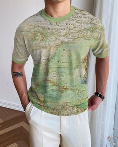 Men's 3D Printed Casual Short Sleeve T-Shirt Green T-shirt With All Over Print For Spring, Green All Over Print T-shirt For Spring, Vintage Printed Crew Neck Top, Green All-over Print T-shirt For Spring, Casual Printed Crew Neck Top, Casual Green Top With Front Print, Vintage Short Sleeve Top With All Over Print, Spring Crew Neck T-shirt With All Over Print, Graphic Tee With All Over Print And Short Sleeves