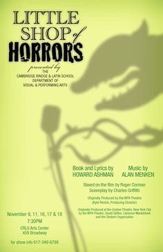 the little shop of horrors poster for an upcoming play, featuring a shadow of a hand holding a rose