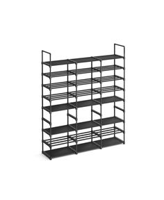 a black metal shelf with several shelves on each side and two rows of shelves in the middle