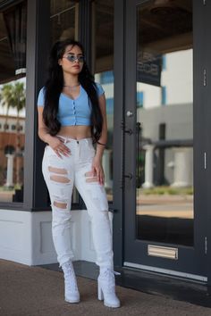 Distressed skinny jeans with frayed bottom Girlfriend Jeans, White Jeans, Two Piece Pant Set, Pants, White, Trousers