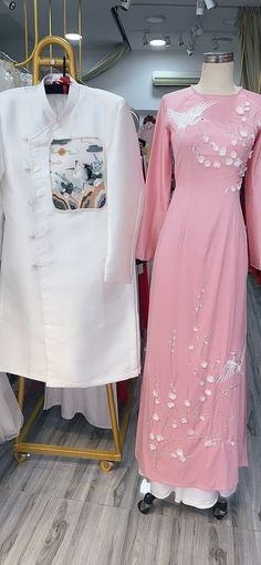 By purchasing, you agree to have read and understood the terms set out in our store policies and FAQs. If you're not happy with the terms, please do not proceed. Beautiful custom made traditional Vietnamese Ao Dai!  Choose between 3 styles - Style 1: beaded white floral patterns on bodice - Style 2: jacquard - embroidered bird and 3d flowers on bodice - Style 3:  jacquard - embroidered bird and flowers on bodice Optional head piece at extra cost: please message us with a style you want - Price i White Embroidered Ao Dai For Wedding, Pink Ao Dai With Floral Embroidery For Wedding, Wedding Ao Dai In Pink With Floral Embroidery, Wedding Ao Dai With Pink Floral Embroidery, Wedding Pink Ao Dai With Floral Embroidery, Fitted Pink Ao Dai For Ceremony, Pink Fitted Ao Dai For Ceremony, Traditional Pink Ao Dai For Wedding, Bridal Ao Dai