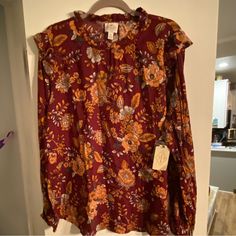 Nwt St John’s Bay Woman’s Size Xxl Burgundy Floral Long Sleeved Shirt. Fall Floral Print Red Top, Fall Red Floral Print Tops, Red Floral Print Tops For Fall, Casual Burgundy Blouse For Fall, Casual Burgundy Blouse For Spring, Long Sleeved Shirt, Burgundy Floral, St John, Shirt Color