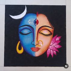 a painting of a woman's face with the moon behind her and lotus flower in front of it