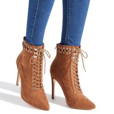 Maggie Booties Cognac Color Lace-Up Nib Heeled Booties. Chic Pointed Toe Bootie With A Lace-Up Front, Corset Detail On The Cuff, And Metal Hardware Accents. These Are Warm, Cushioned And Made For All-Day Wear And To Look Amazing They Also Zip Up The Back For Easy On And Off So Just Lace Them Up The Way You Like & Zip Them Off. Never Tried On Even So Truly New In The Box! Why Pay Retail When You Can Buy From Us For Less It's The Fairy Way ;) Material: Faux-Leather Outside Heel Height: 4.5" Closur Casual Lace-up Heeled Boots For Party, Brown Pointed Toe Lace-up Boots For Fall, Brown Lace-up Boots With Pointed Toe For Fall, Chic Lace-up Booties For Fall, Brown Suede Lace-up Heeled Boots, Chic Suede Lace-up Heeled Boots, Chic Lace-up Suede Heeled Boots, Brown High Heel Lace-up Boots For Party, Brown High Heel Booties For Party