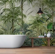 a bathtub sitting on top of a wooden floor next to a plant covered wall