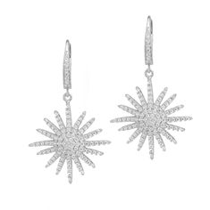 Gold Vermeil Sterling Silver Cubic Zirconia Lever Back Earring Earring measures approximately 1.5" Elegant Starburst Sparkling Jewelry, Sparkling Diamond Star Earrings, Elegant Sparkling Starburst Jewelry, Sterling Silver Star Earrings With Diamond Accents, Elegant Star-shaped Sparkling Earrings, Elegant Star-shaped Earrings With Sparkling Stones, Starburst Silver Earrings, Star Burst Earrings, White Gold Star-shaped Sterling Silver Diamond Earrings