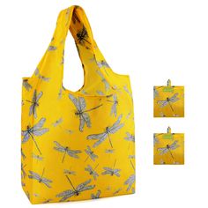 a yellow bag with dragonflies on it