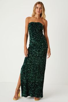 Emerald Green Sequin Dress - Sequin Maxi Dress - Strapless Gown - Lulus Emerald Green Sequin Dress, Green Sequin Dress, Sequin Bridesmaid Dresses, Formal Dresses Gowns, Sequin Maxi Dress, Adhesive Bra, Strapless Maxi, Strapless Gown, Green Sequins