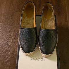 Never Worn - Too Small For Me. Beautiful Leather Brand New Gucci Espadrilles Luxury Espadrilles With Rubber Sole And Round Toe, Luxury Round Toe Espadrilles With Rubber Sole, Gucci Leather Espadrilles For Beach, Gucci Leather Beach Espadrilles, Luxury Black Espadrilles With Leather Sole, Luxury Espadrilles With Textured Sole And Round Toe, Designer Closed Toe Espadrilles With Branded Insole, Luxury Leather Espadrilles With Woven Sole, Designer Flat Espadrilles With Rubber Sole