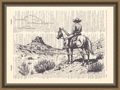 an old book page with a cowboy riding a horse in the desert, and mountains behind it