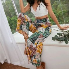 Ditsy Floral Patchwork Light Weight Pants Multicolor Floral Print Bottoms For Day Out, Casual Multicolor Floral Print Wide Leg Pants, Floral Print Summer Pants, Multicolor Floral Print Summer Pants, Spring Multicolor Pants For Day Out, Casual Multicolor Wide Leg Pants For Spring, Yellow Wide-leg Pants For Spring, Spring Yellow High Waist Wide Leg Pants, Yellow Bottoms With Floral Print For Spring