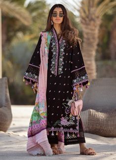 Farah Talib Aziz  Bermuda Black Luxury Lawn 2022 Farah Talib Aziz, Jacquard Pants, Eastern Wear, Simple Kurti, Lawn Work, Burgundy Outfit, Summer Lawn, Kurti Design, Embroidered Border