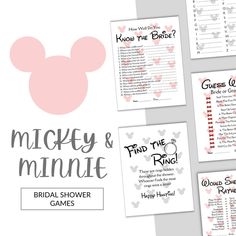 mickey and minnie bridal shower game with matching printables for the bride and groom