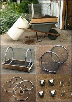 several pictures of different types of garden tools and materials in various stages of being used