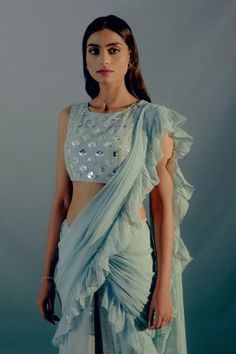 Shop for Aaryaa By Kashveen Kohli Sky Blue Organza Ruffled Pre Draped Saree With Embellished Blouse for Women Online at Aza Fashions Pre Draped Saree, Baby Pink Saree, Sky Blue Saree, Saree Organza, Black Embroidered Blouse, Mirror Work Saree, Pleated Saree, Draped Saree, Mirror Work Blouse