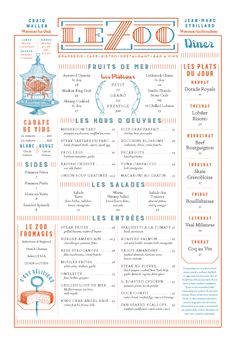 an orange and blue menu for a restaurant with birdscage on the front page