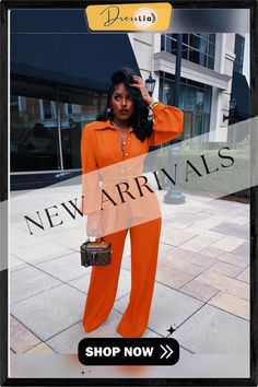 Solid Turn Down Collar Wide Leg Jumpsuit with Belt Orange Long Sleeve Jumpsuit For Fall, Fitted Orange Jumpsuits And Rompers For Work, Fitted Orange Jumpsuits For Work, Orange Long Sleeve Jumpsuits And Rompers For Summer, Orange Jumpsuits And Rompers For Work, Chic Orange Jumpsuits And Rompers For Party, Casual Orange Jumpsuits And Rompers For Party, Chic Orange Long Sleeve Jumpsuits And Rompers, Chic Orange Long Sleeve Jumpsuit