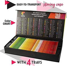 the box contains four different colored pencils and two sets of eraser pens with 4 tray