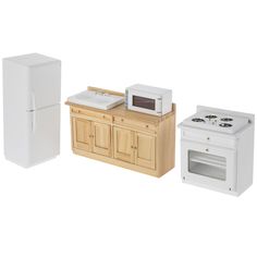 three different types of kitchen appliances are shown in this image, including a refrigerator, stove and microwave