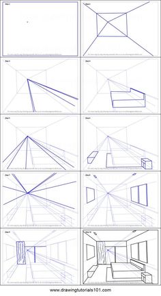 the steps to draw a room in perspective with blue lines on each side and an open window