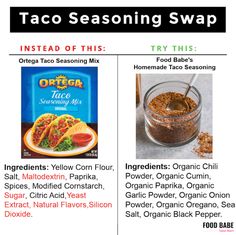 the ingredients for taco seasoning swap are shown in two separate pictures, one is labeled