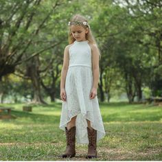 White Halter Style. High To Low Bottom. Size 14 Girls. New Never Worn. Flower Girl Dresses Country, Dresses Bow, Dresses Western, Rustic Flower Girls, Southwest Wedding, White Halter Dress, Wedding Flower Girl Dresses, Dream Dresses, Spring Boho