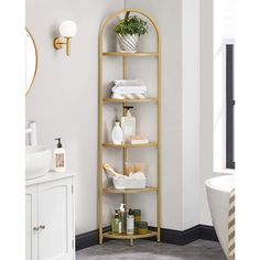 5-Tier Glass Corner Storage Shelf, Gold FredCo Freestanding Bathroom Shelves, Corner Shelf Ideas, Corner Shelf Unit, Corner Storage Shelves, Armoire D'angle, Corner Rack, Tall Shelves, Ladder Bookshelf, Corner Bookshelves