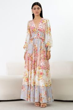 The Frida Maxi Dress will make a lasting impression at your next soirée! With an elastic waist, long sleeves, and tiered peasant skirt lined for comfort. FABRIC: 100% Viscose with polyester lining LENGTH: Top of shoulder to hem 56" STYLE#: DR-20510-DAZGN-DAZZLING GARDEN-S23 *Dry clean or Wash on cold, and hang flat to dry*Model is wearing size XS Peasant Skirt, Maxi Outfits, Floral Dresses Long, Abaya Dress, Daytime Dresses, Short Bridesmaid Dresses, Maxi Robes, Idea Board, Modieuze Outfits